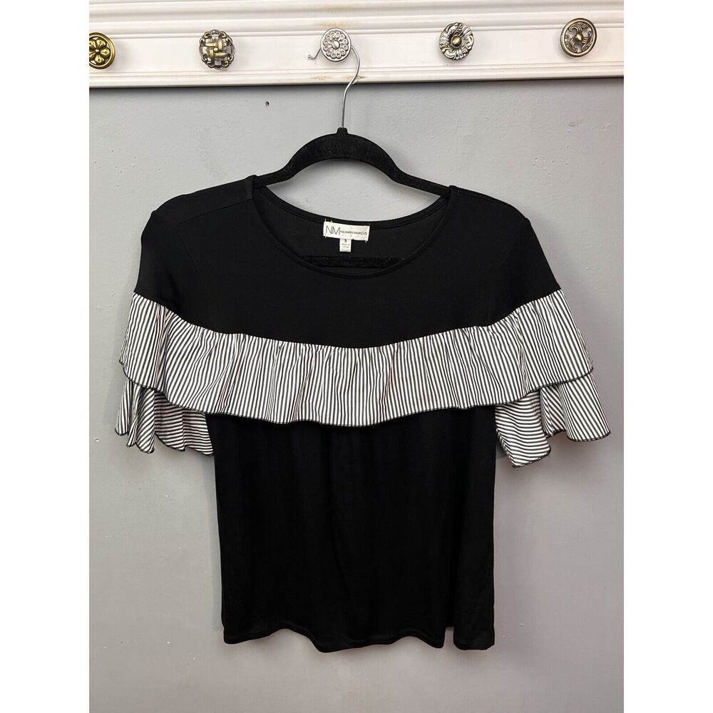 Neiman Marcus Top Womens Small Scoop Neck Black White‎ Ruffle Blouse Boho